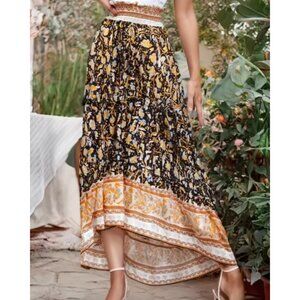 Twilight Garden Boho Floral Print High-Low Maxi Skirt